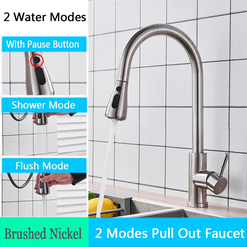 Brushed Nickel Kitchen Faucet Flexible Pull Out Nozzle