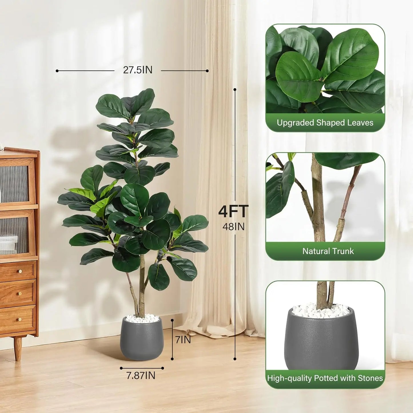 4FT/5FT/6FT/7FT Fiddle Leaf Fig Tree Artificial with Leaves