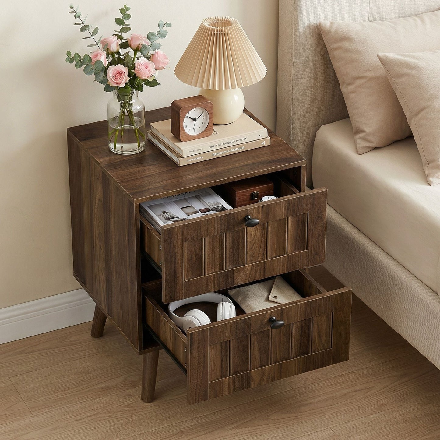 Walnut Double Drawer Bedside Table (Set of 2)