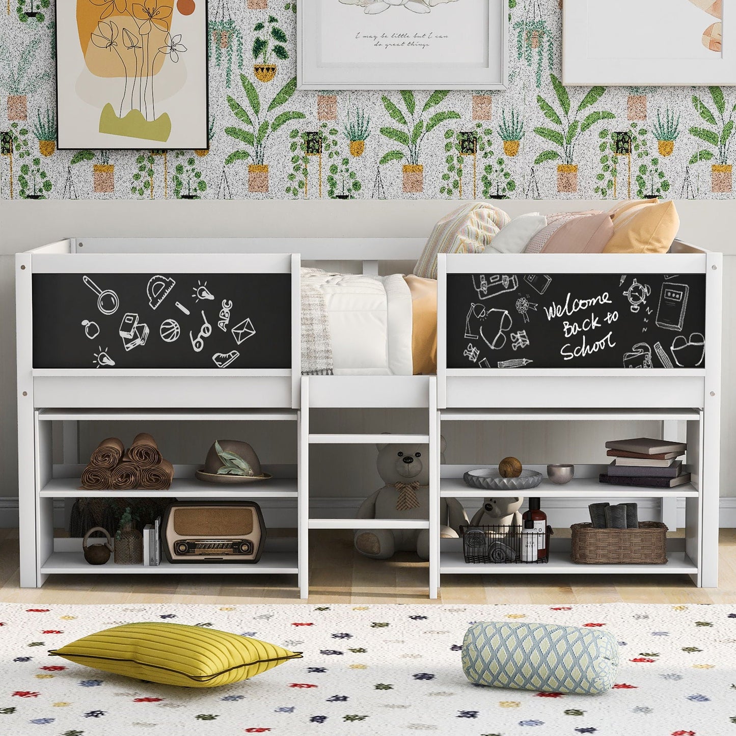 Low Loft Bed With Movable Shelves And Ladder