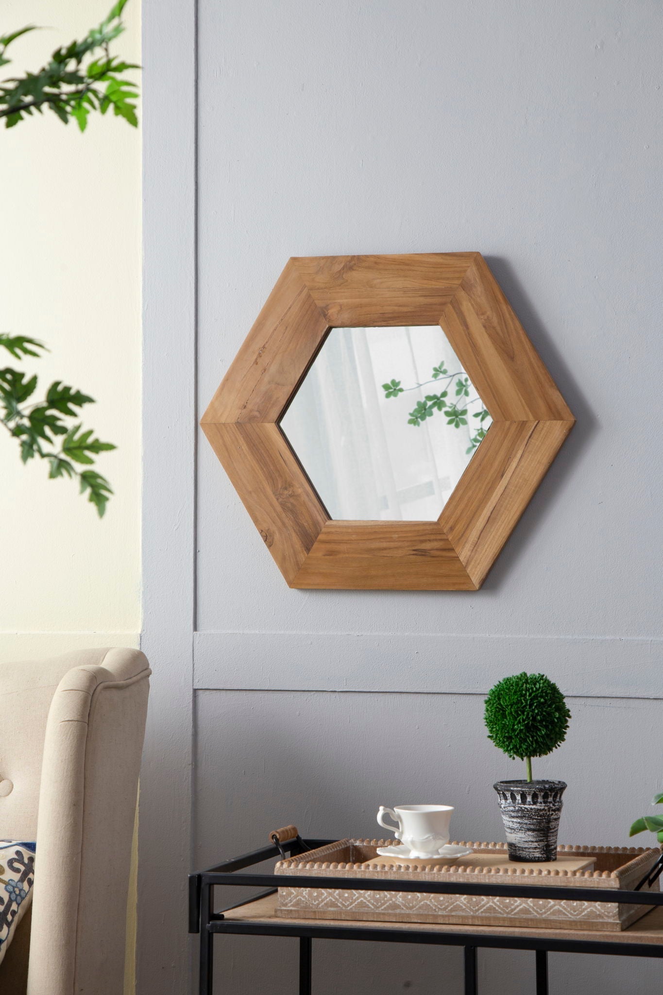 Hexagon Natural Wood Frame Mirror