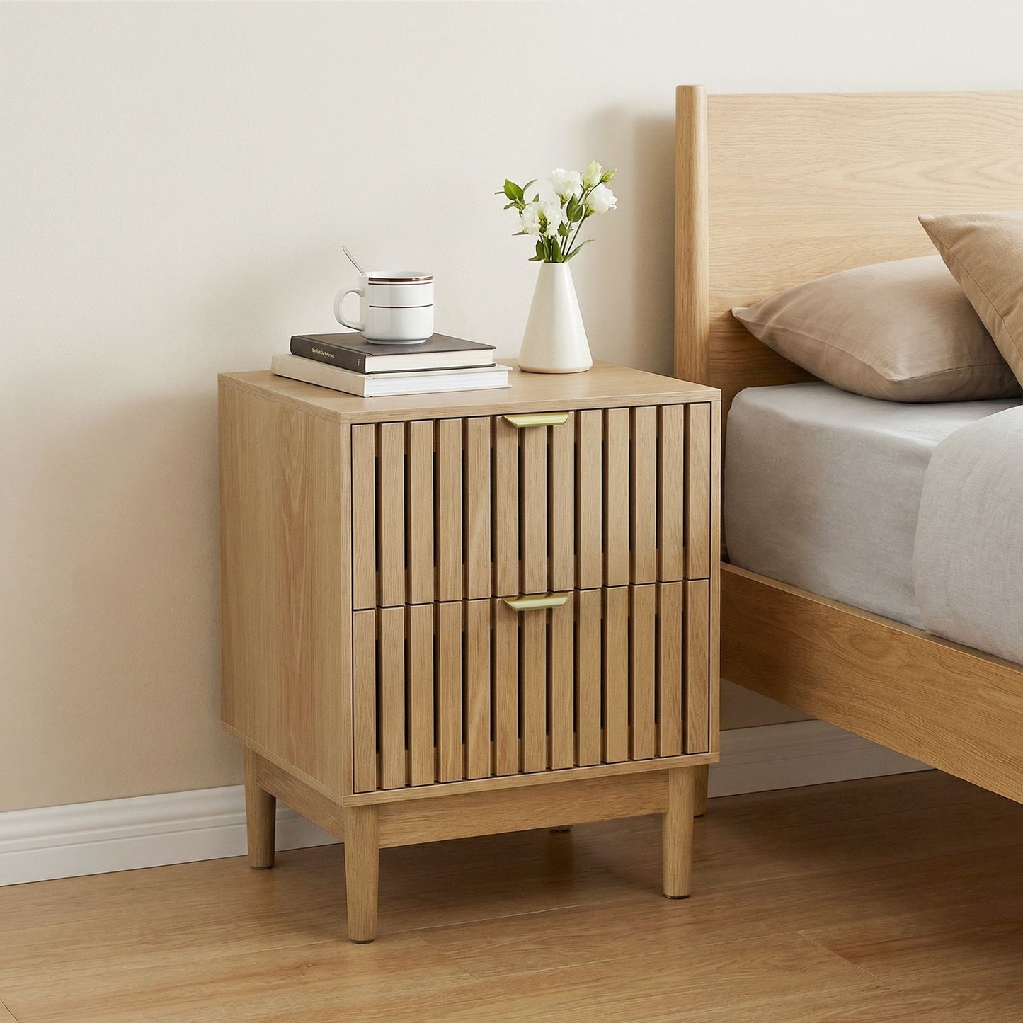 Oak Bedside Table With Grille Design