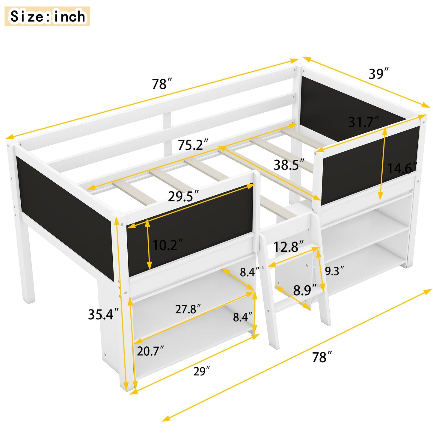 Low Loft Bed With Movable Shelves And Ladder
