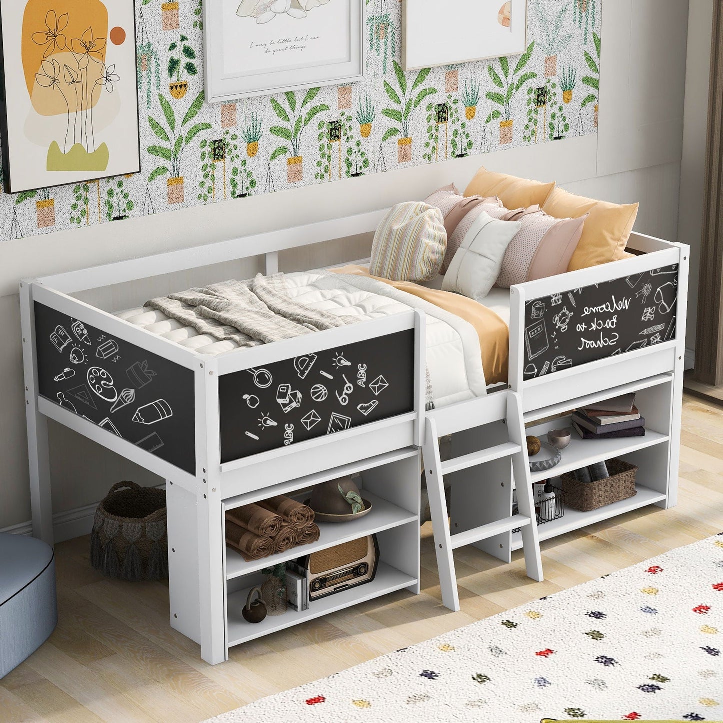 Low Loft Bed With Movable Shelves And Ladder
