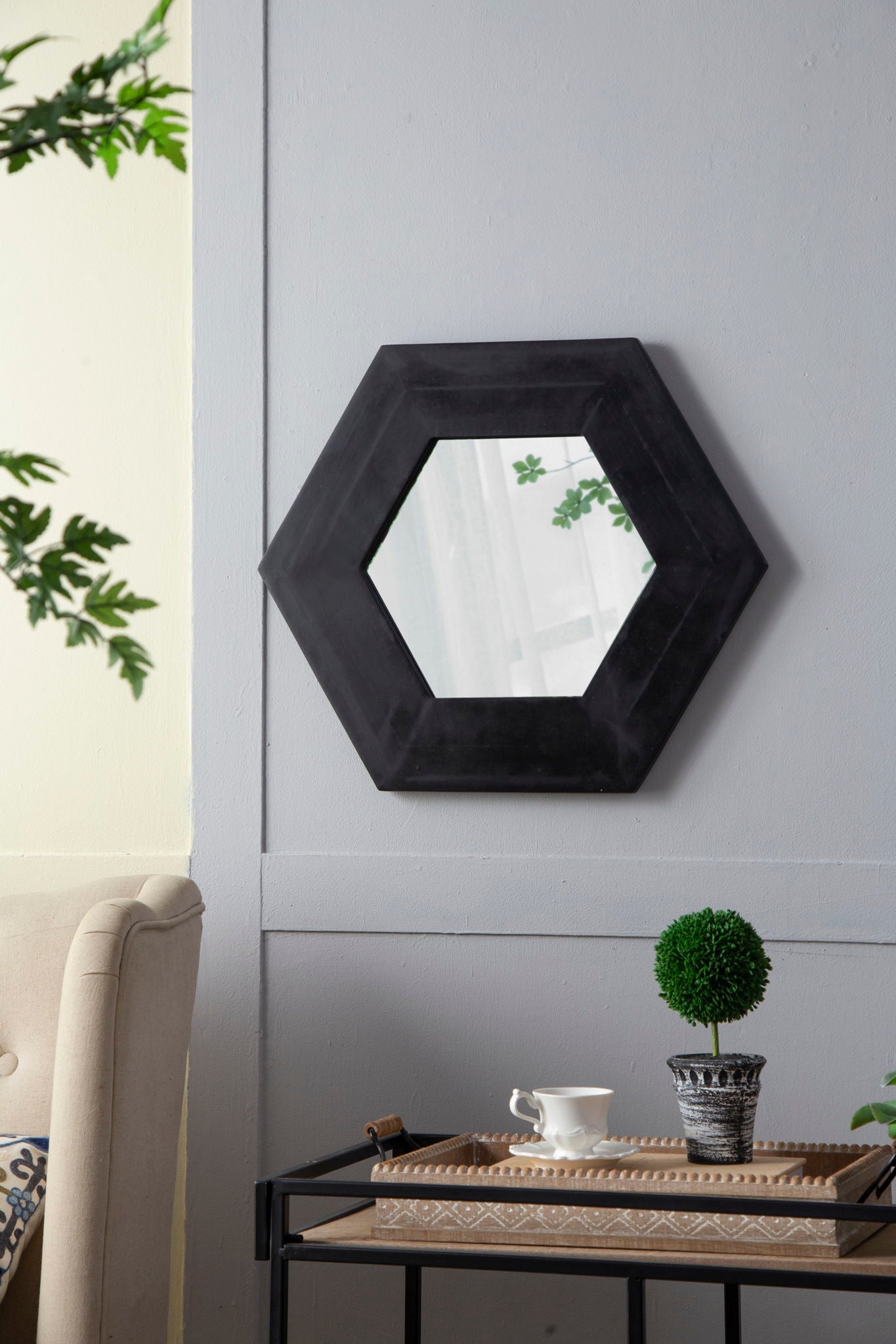 Hexagon Natural Wood Frame Mirror