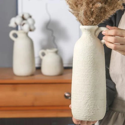 Ceramic Vase Set of 3 with Handle, Neutral Rustic Vases Home Decor Farmhouse Decorative Vase Whitewashed Pottery Decor Modern f