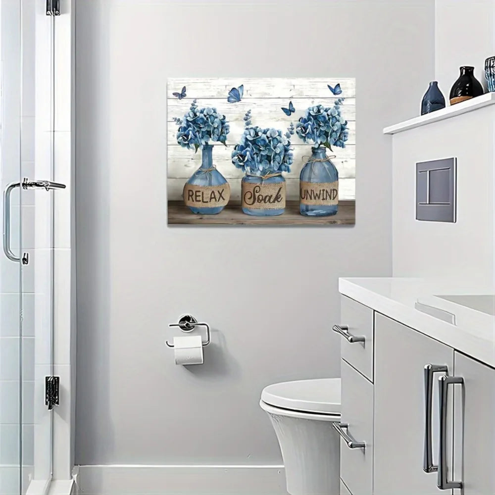 1.5 inch thickness interior Art Deco mural home decor, vernacular blue daffodil canvas wall art with wood frame
