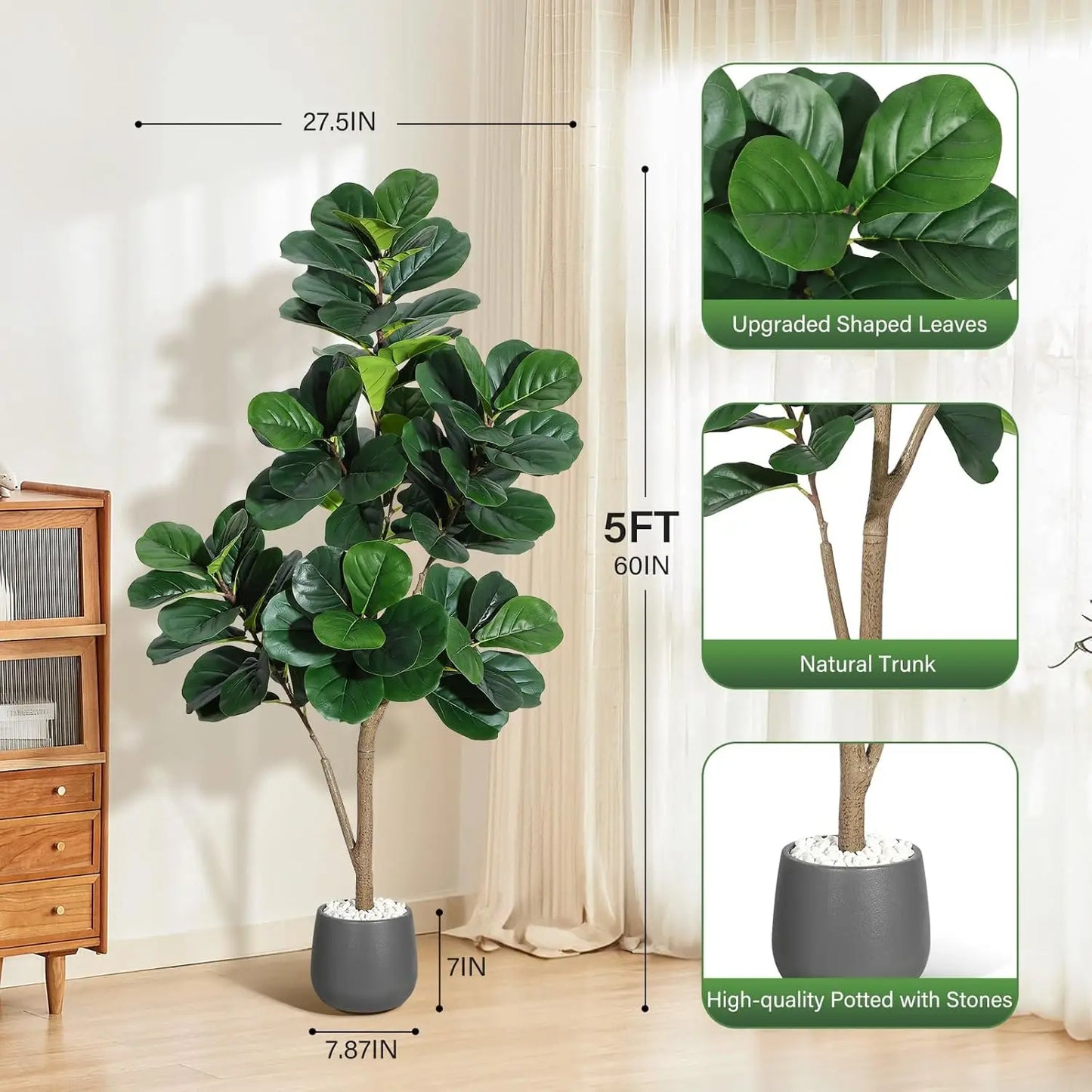 4FT/5FT/6FT/7FT Fiddle Leaf Fig Tree Artificial with Leaves