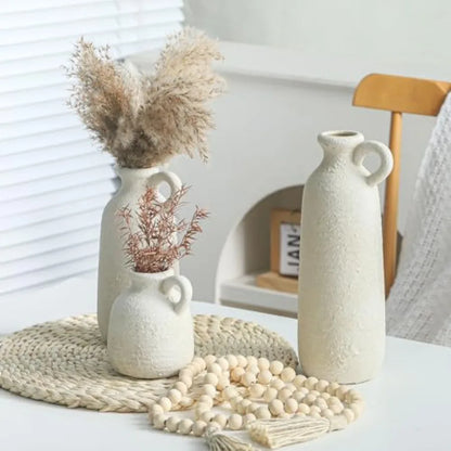 Ceramic Vase Set of 3 with Handle, Neutral Rustic Vases Home Decor Farmhouse Decorative Vase Whitewashed Pottery Decor Modern f