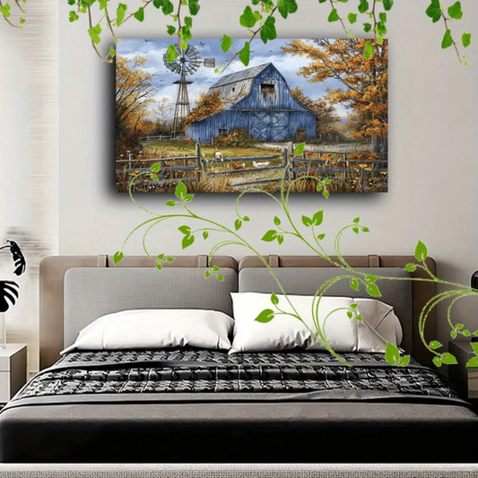 Country farmhouse canvas art with wooden frame - blue barn, windmill, chickens and cattle autumn scenery, interior decoration