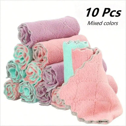 10Pcs Coral Velvet Double Sided Thick Cleaning Cloths Super Absorbent Reusable Durable Machine Washable Microfiber Kitchen Towels Multipurpose Wiping Rags For Kitchen Bathroom Car Window Household Cleaning