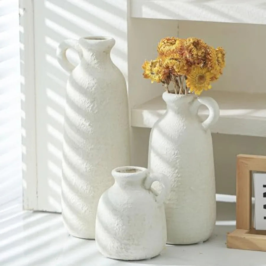 Ceramic Vase Set of 3 with Handle, Neutral Rustic Vases Home Decor Farmhouse Decorative Vase Whitewashed Pottery Decor Modern f