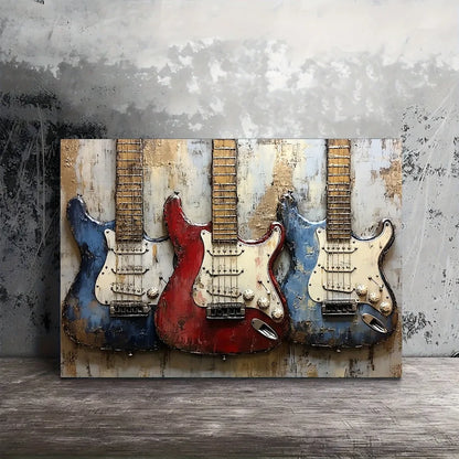 1.5 inch thick wood pine frame, interior art mural, home decor, old bass guitar mural, music theme decor