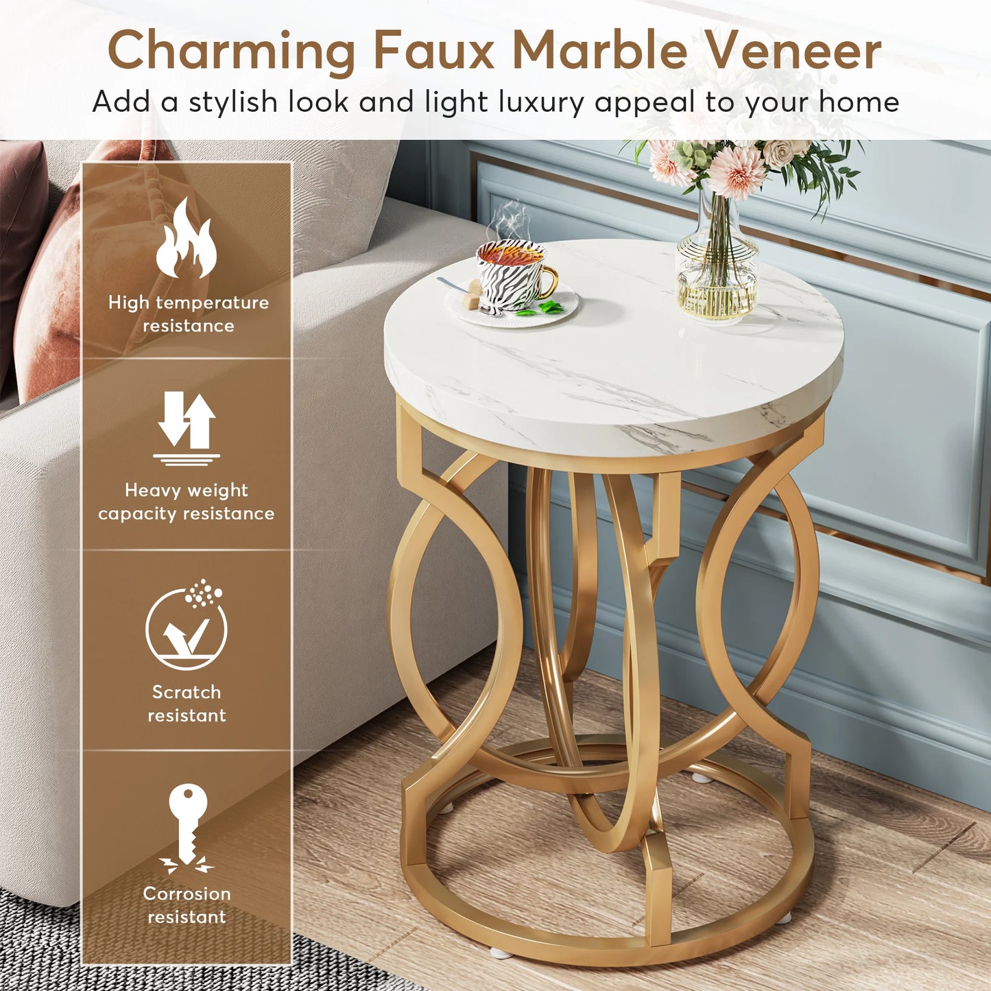 Tribesigns Modern 20" Round Marble Table With Thick Wood Top