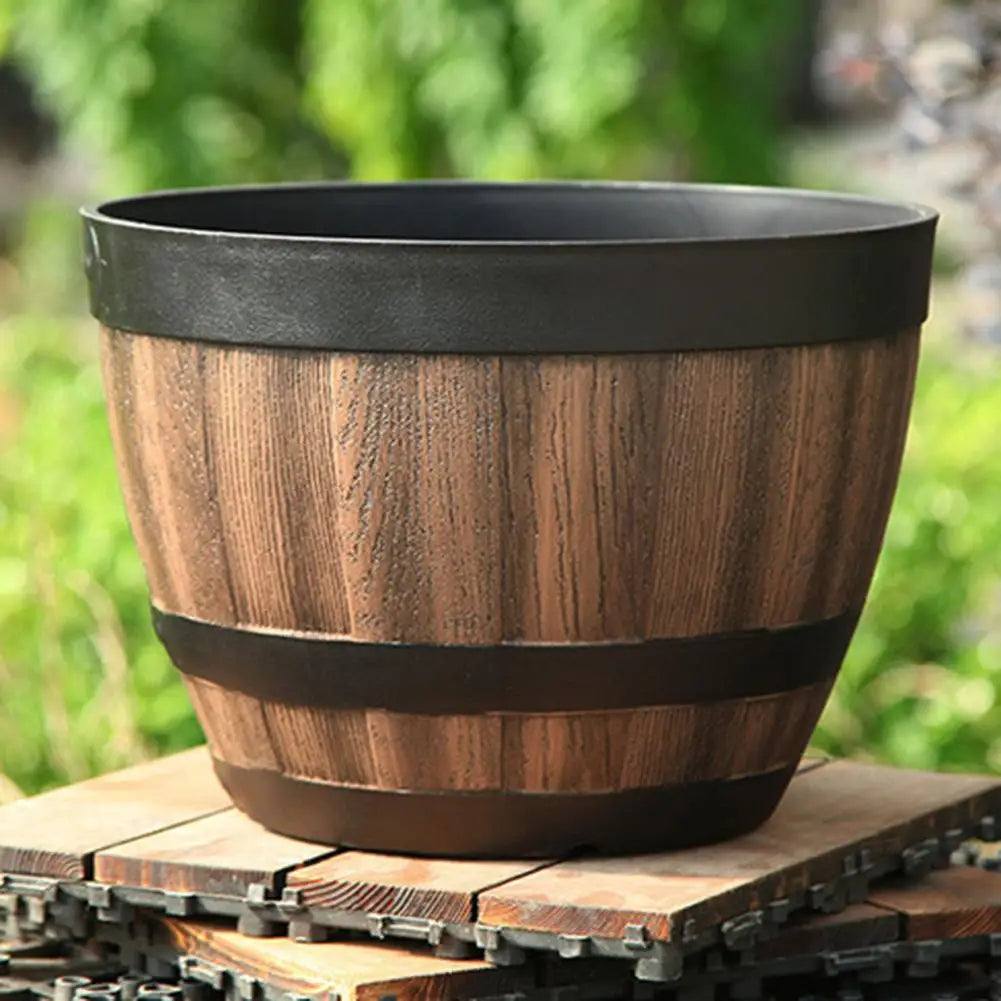 Rustic Farmhouse Faux Whiskey Barrel Planter