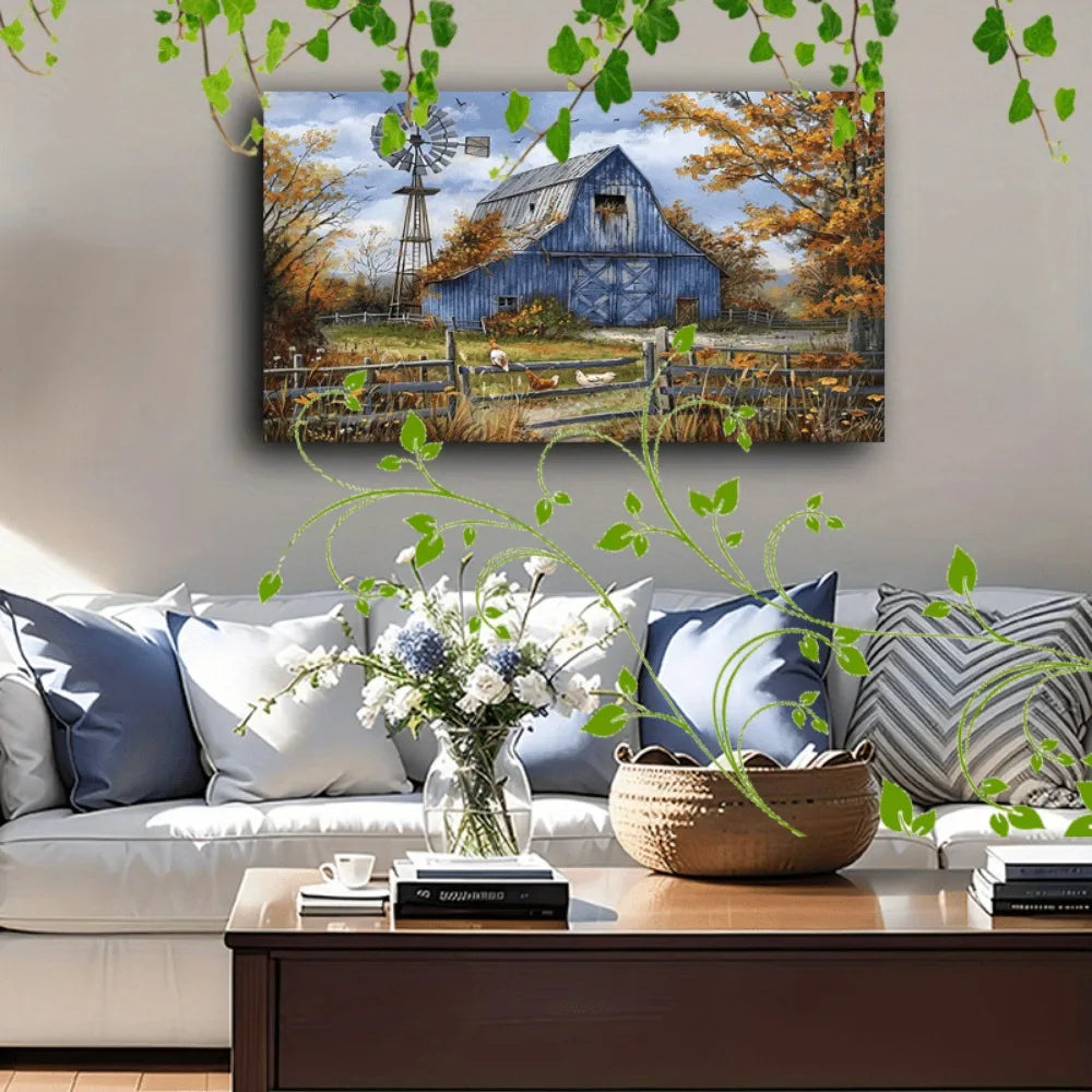 Country farmhouse canvas art with wooden frame - blue barn, windmill, chickens and cattle autumn scenery, interior decoration