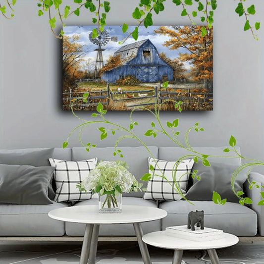 Country farmhouse canvas art with wooden frame - blue barn, windmill, chickens and cattle autumn scenery, interior decoration