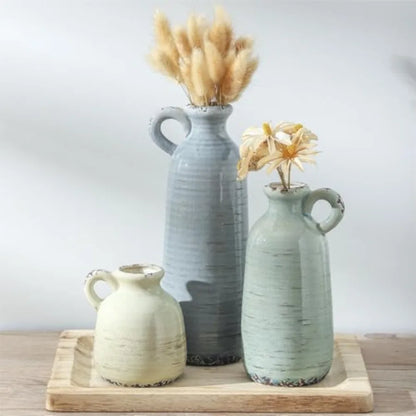 Ceramic Vase Set of 3 with Handle, Neutral Rustic Vases Home Decor Farmhouse Decorative Vase Whitewashed Pottery Decor Modern f