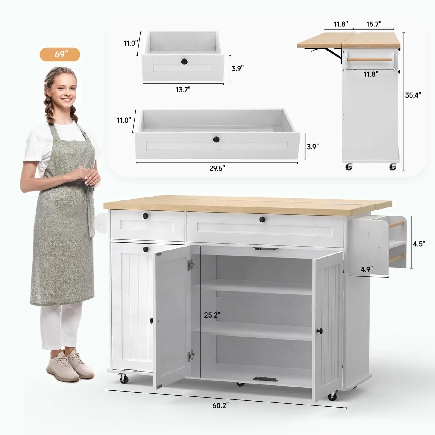 60" Rolling Kitchen Island