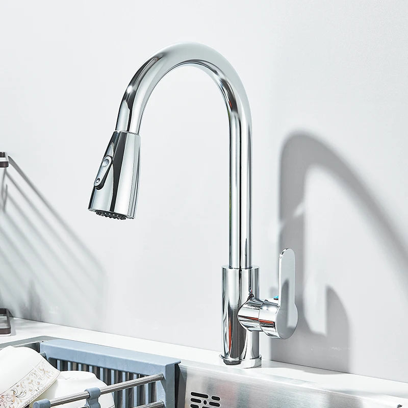 Brushed Nickel Kitchen Faucet Flexible Pull Out Nozzle