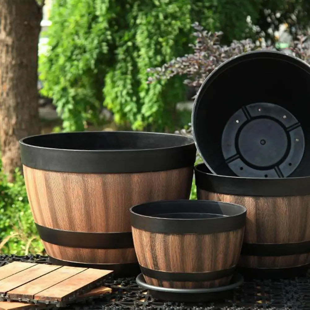Rustic Farmhouse Faux Whiskey Barrel Planter