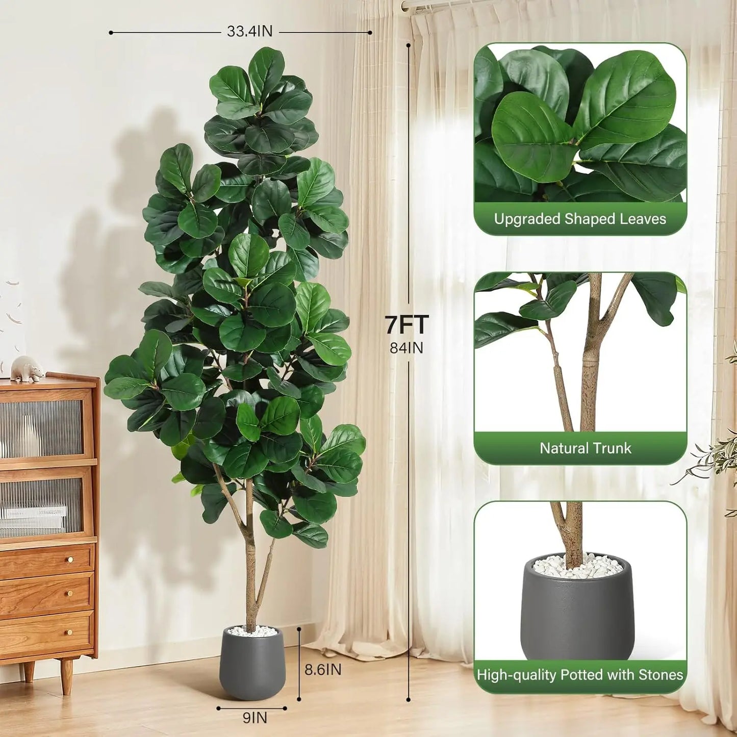 4FT/5FT/6FT/7FT Fiddle Leaf Fig Tree Artificial with Leaves