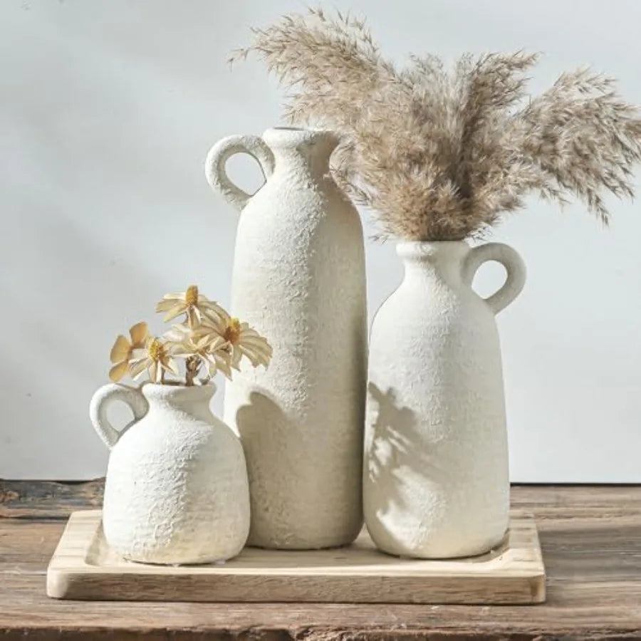 Ceramic Vase Set of 3 with Handle, Neutral Rustic Vases Home Decor Farmhouse Decorative Vase Whitewashed Pottery Decor Modern f