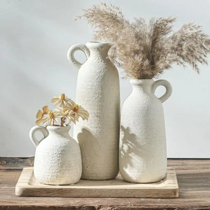 Ceramic Vase Set of 3 with Handle, Neutral Rustic Vases Home Decor Farmhouse Decorative Vase Whitewashed Pottery Decor Modern f