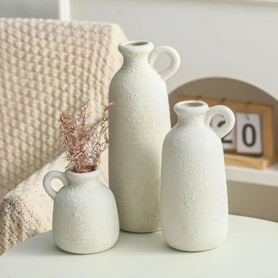 Ceramic Vase Set of 3 with Handle, Neutral Rustic Vases Home Decor Farmhouse Decorative Vase Whitewashed Pottery Decor Modern f