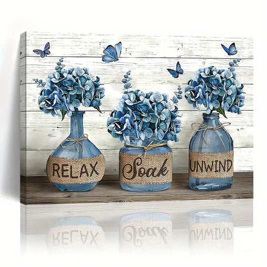 1.5 inch thickness interior Art Deco mural home decor, vernacular blue daffodil canvas wall art with wood frame