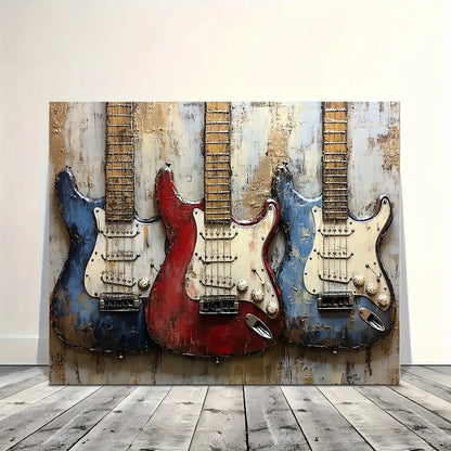 1.5 inch thick wood pine frame, interior art mural, home decor, old bass guitar mural, music theme decor