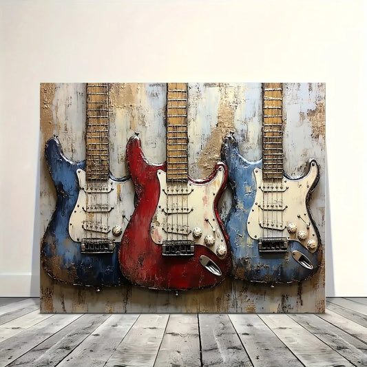 1.5 inch thick wood pine frame, interior art mural, home decor, old bass guitar mural, music theme decor