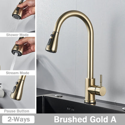 Brushed Nickel Kitchen Faucet Flexible Pull Out Nozzle