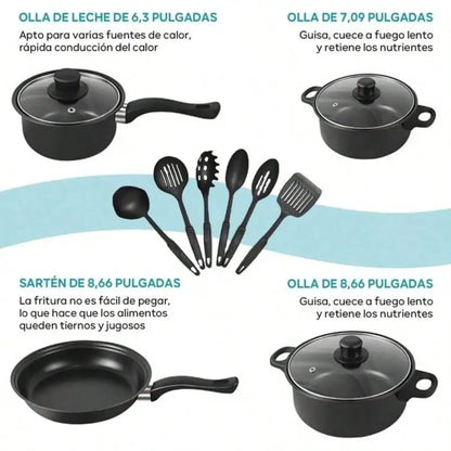 13 Piece Nonstick Kitchenware Set Induction Pots and Spoons Kit, Black Frying Pan & Milk Pot Perfect for Family Dinner & Camping