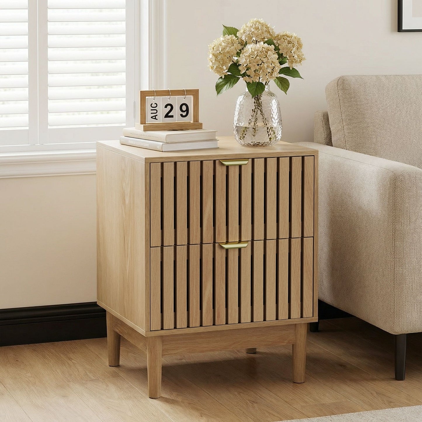 Oak Bedside Table With Grille Design