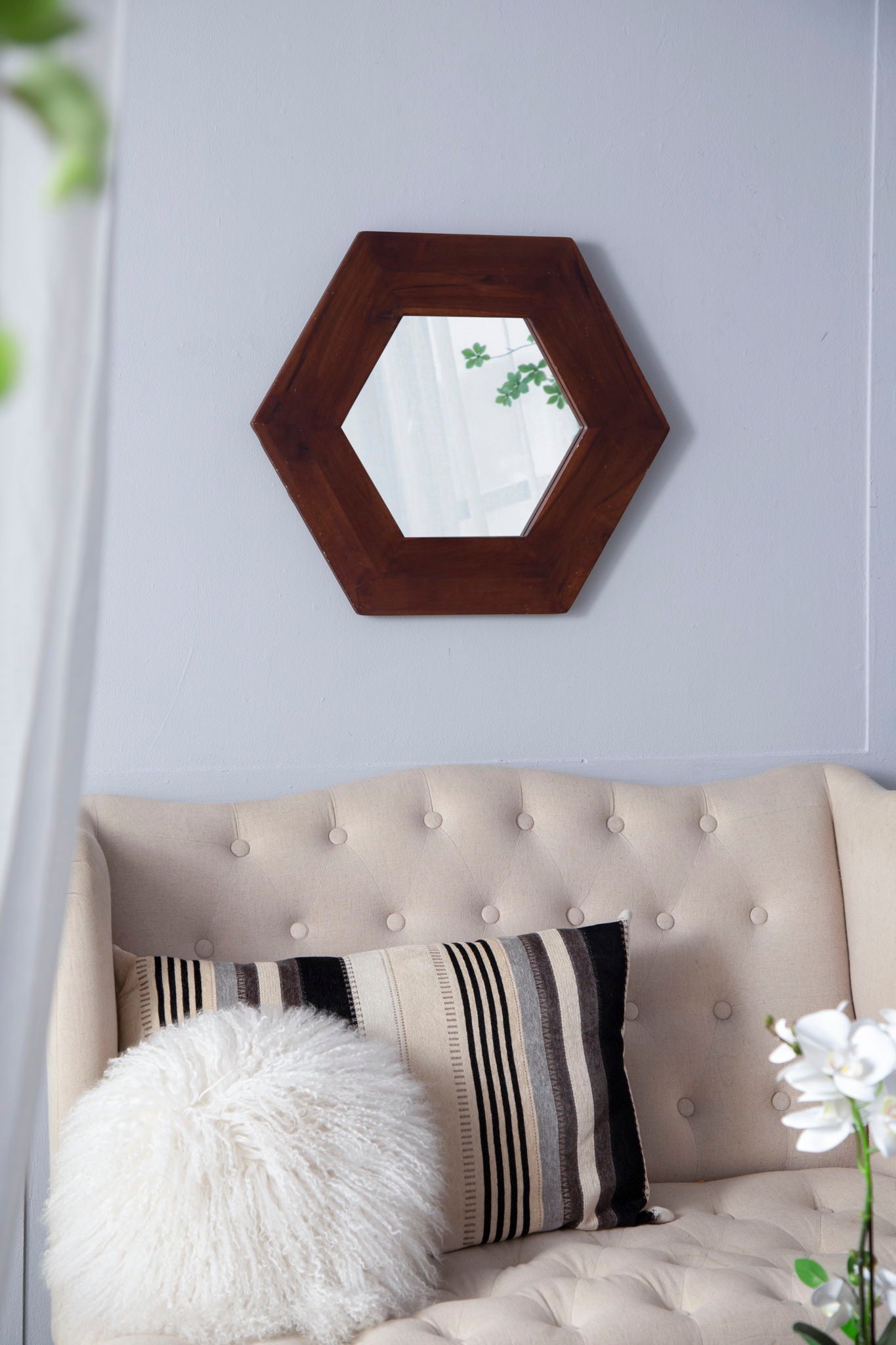 Hexagon Natural Wood Frame Mirror