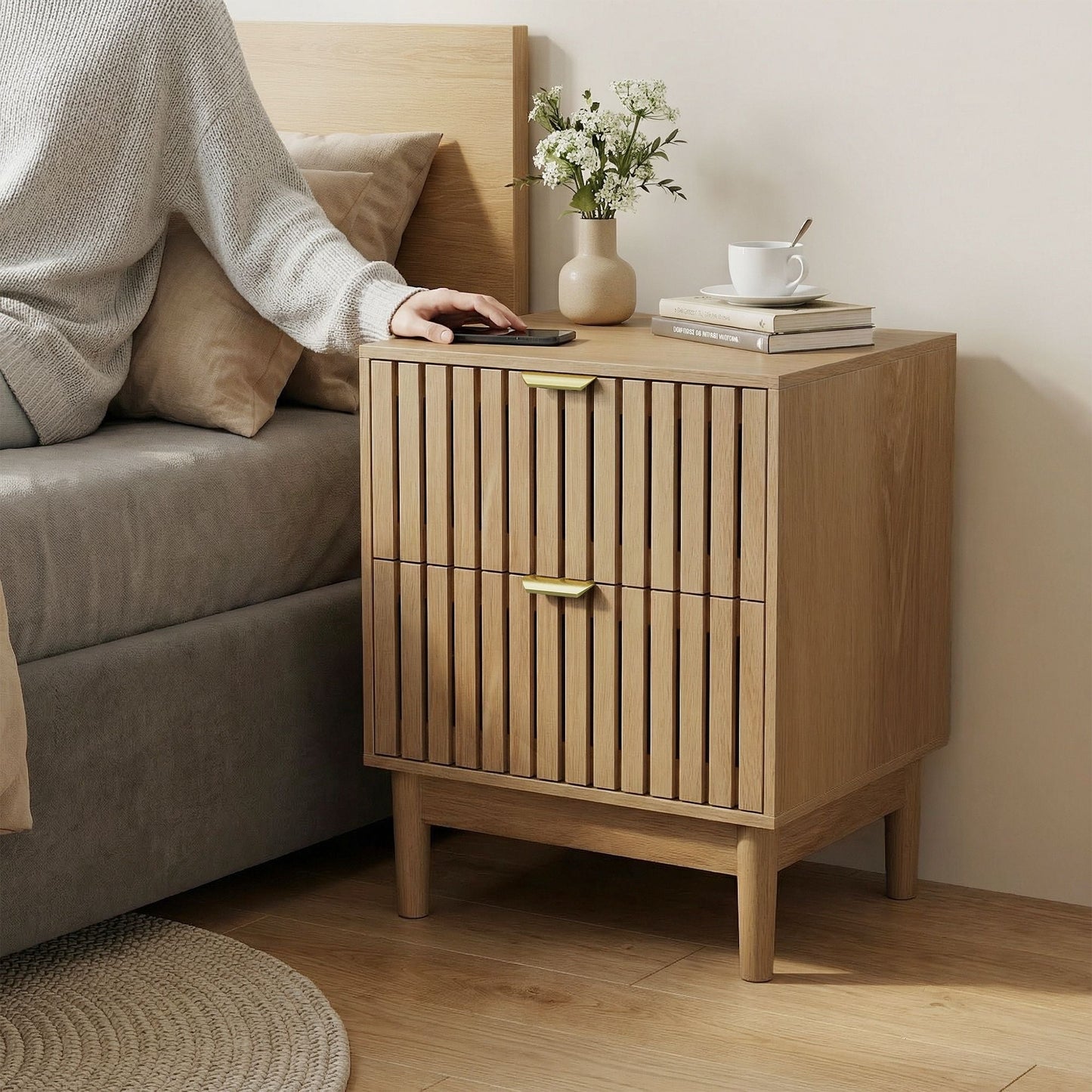 Oak Bedside Table With Grille Design