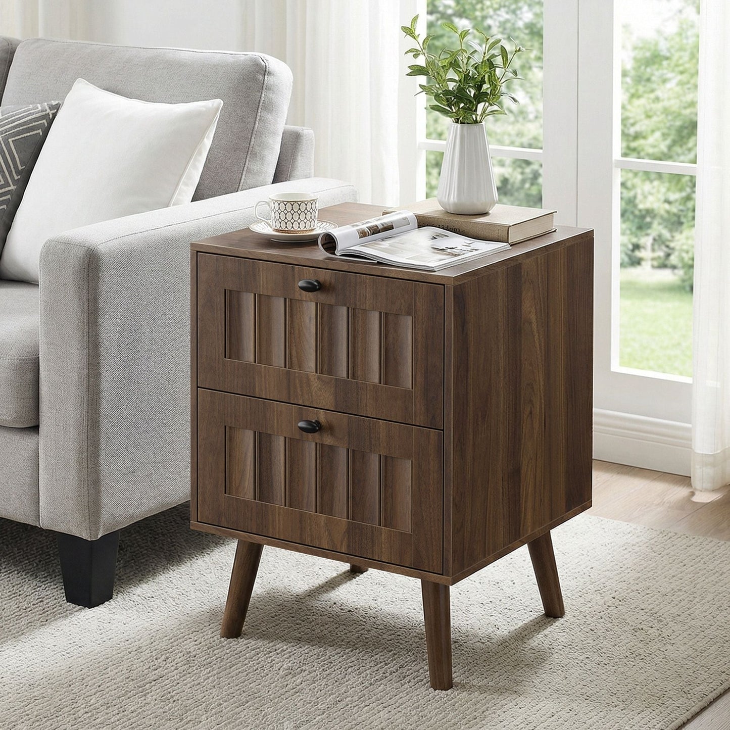 Walnut Double Drawer Bedside Table (Set of 2)